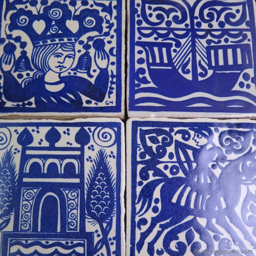 4 azulejos medievales con marco